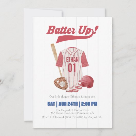 Red Batter Up Baseball First Birthday Invitation Einladung (Vorderseite)