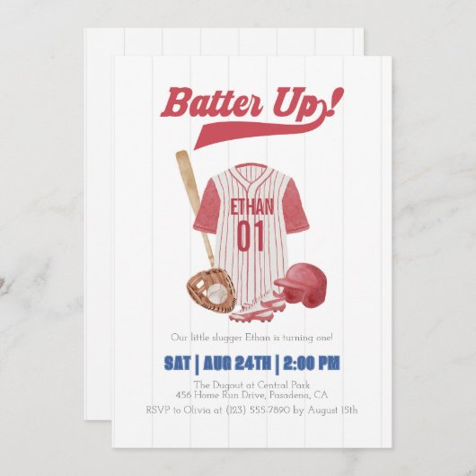 Red Batter Up Baseball First Birthday Invitation Einladung (Vorne/Hinten)