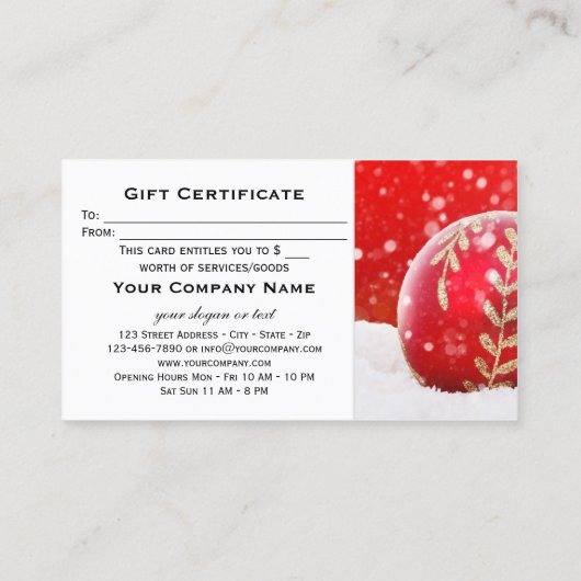 Red Bauble Sparkling Snow Weihnachtskarte Rabattkarte (Rückseite)