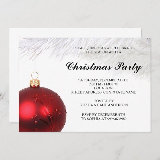 Red Bauble Weihnachts-Party Einladung (Vorne/Hinten)