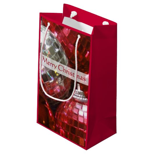Red Baubles Frohe Weihnachtsgeschenk Tasche klein Kleine Geschenktüte (Rückseite Schrägansicht)