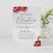 Red Baubles Silver Glitzer Weihnachtsabend Party Einladung (Stehend Vorderseite)