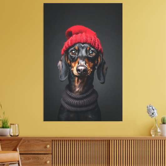 Red Beanie Dackel Leinwanddruck (Insitu (Wohnzimmer))