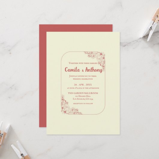 Red Beige Blume Border Boho Rustic Wedding Einladung (Vorderseite/Rückseite Beispiel)