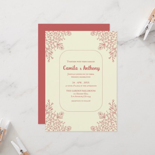 Red Beige Corner Blume Border Boho Rustic Wedding Einladung (Vorderseite/Rückseite Beispiel)