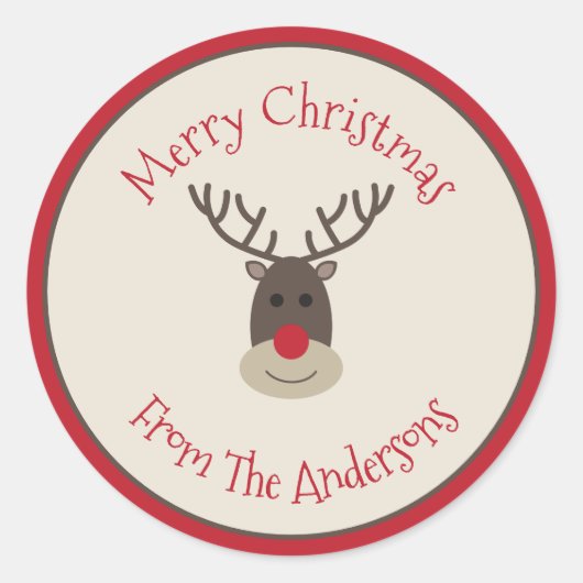 Red Beige Frohe Weihnachtssticker mit Rudolph Runder Aufkleber (Vorderseite)
