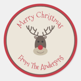 Red Beige Frohe Weihnachtssticker mit Rudolph Runder Aufkleber