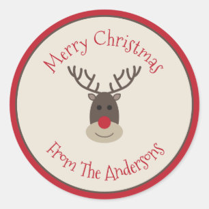 Red Beige Frohe Weihnachtssticker mit Rudolph Runder Aufkleber