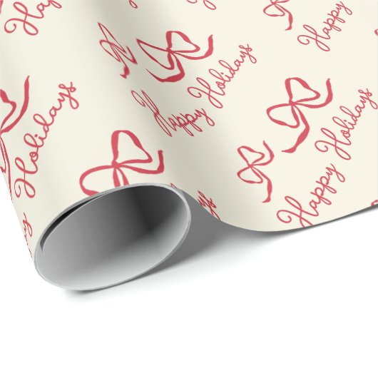 Red Beige Happy Holidays Bow Pattern Geschenkpapier (Rolleneckpunkt)
