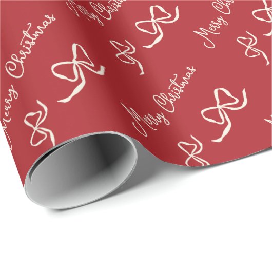 Red Beige Merry Christmas Bow Pattern Geschenkpapier (Rolleneckpunkt)