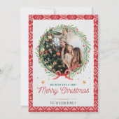 Red Beige Vintage Photo Christmas Card Einladung (Vorderseite)