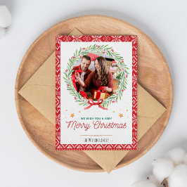 Red Beige Vintages Foto Weihnachtskarte Feiertagskarte