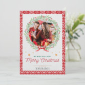 Red Beige Vintages Foto Weihnachtskarte Feiertagskarte (Stehend Vorderseite)