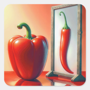 Red Bell Pepper sieht in einem Spiegel Quadratischer Aufkleber