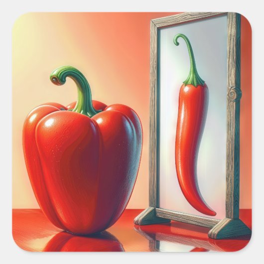 Red Bell Pepper sieht in einem Spiegel Quadratischer Aufkleber (Vorderseite)