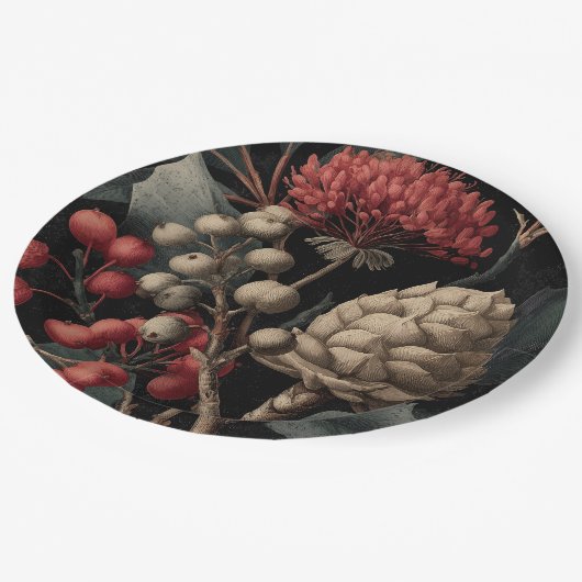 Red Berries and Exotic Seed Pods on Black Pappteller (Schrägansicht)