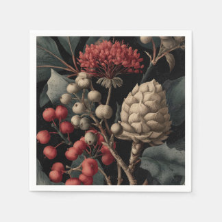Red Berries and Exotic Seed Pods on Black Serviette