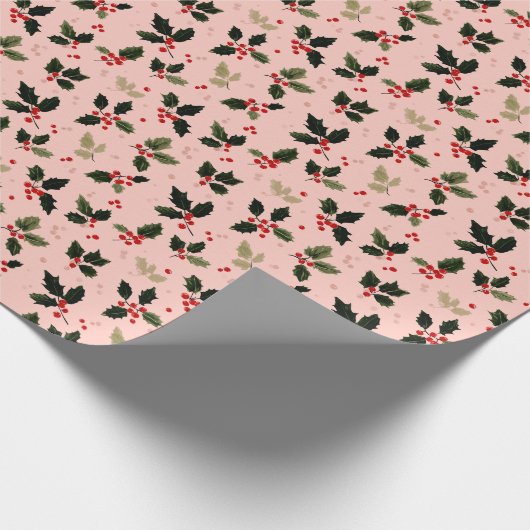 Red berries and holly on pink geschenkpapier (Ecke)