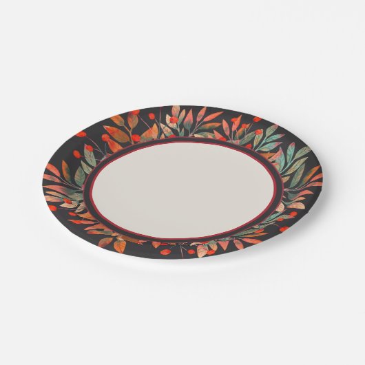 Red Berries & Aquamarine Blätter Dunkel Pappteller (Schrägansicht)