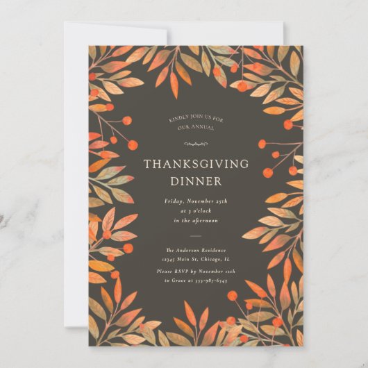 Red Berries & Blätter Brown Erntedank Dinner Einladung (Vorderseite)