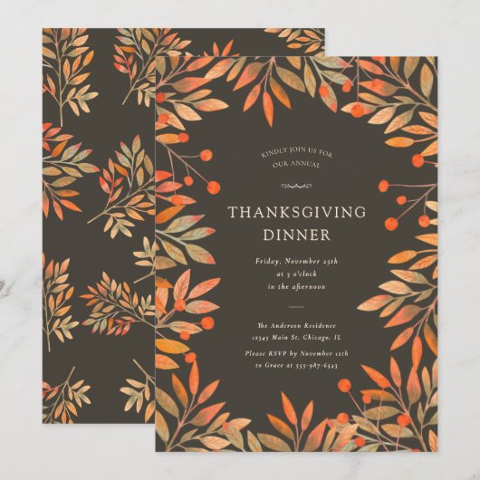 Red Berries & Blätter Brown Erntedank Dinner Einladung (Vorne/Hinten)