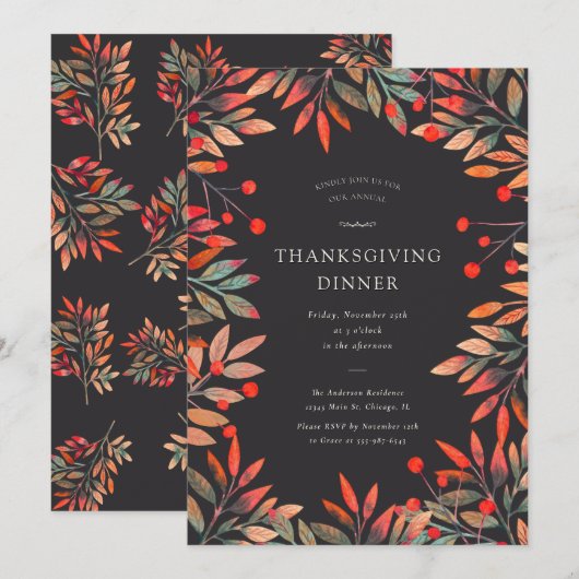 Red Berries & Blätter Custom Erntedank Dinner Einladung (Vorne/Hinten)