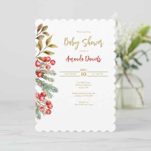 Red Berries Border Einladung (Stehend Vorderseite)