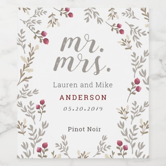 Red Berries Botanical Mrs. Wedding Verlobung Weinetikett (Einzelnes Label)