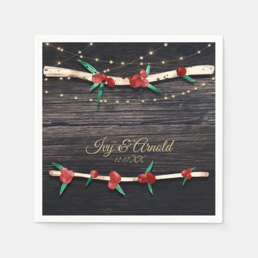 Red Berries Branches & Lights Rustic Holiday Party Serviette (Vorderseite)