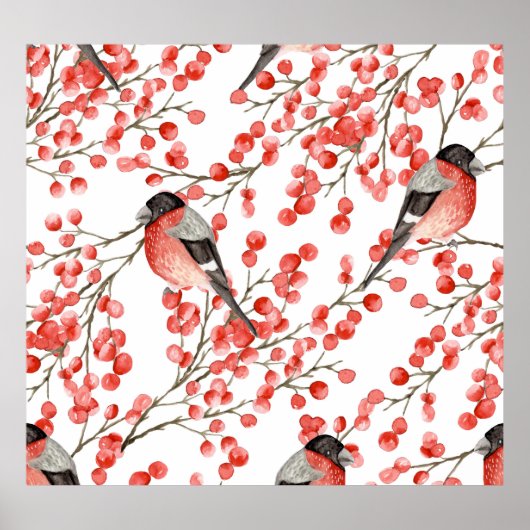 Red Berries Bullfingen Aquarellmuster Poster (Vorne)