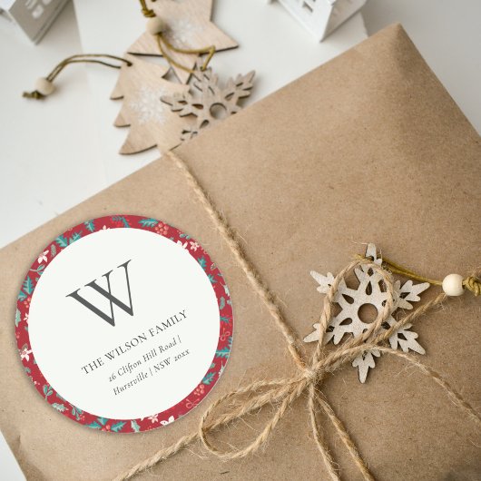 Red Berries Christmas Floral Monogram Address Runder Aufkleber