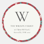 Red Berries Christmas Floral Monogram Address Runder Aufkleber (Vorderseite)