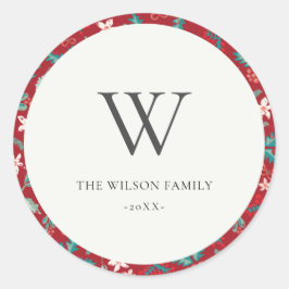 Red Berries Christmas Floral Patterns Monogram Runder Aufkleber