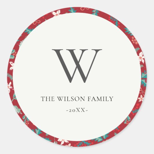 Red Berries Christmas Floral Patterns Monogram Runder Aufkleber (Vorderseite)