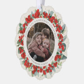 Red Berries + Eucalyptus Christmas Wreath Photo  Ornament Karte (Links)