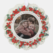 Red Berries + Eucalyptus Christmas Wreath Photo  Ornament Karte (Vorderseite)