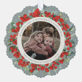 Red Berries + Eucalyptus Christmas Wreath Photo  Ornament Karte