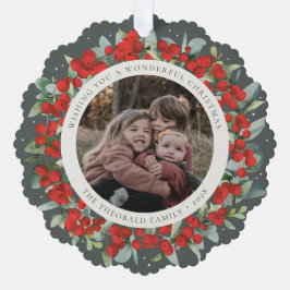 Red Berries + Eucalyptus Christmas Wreath Photo  Ornament Karte