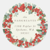 Red Berries + Eucalyptus Holiday Wreath Address Runder Aufkleber (Vorderseite)