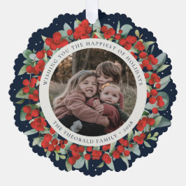 Red Berries + Eucalyptus Holiday Wreath Photo  Ornament Karte