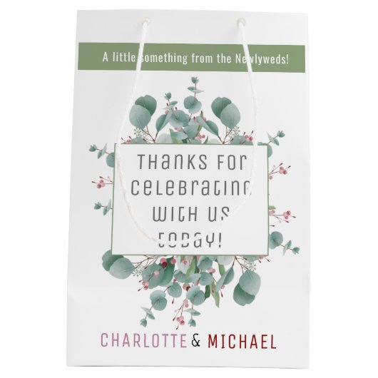 Red Berries & Eukalyptus Wedding Gift Bag Mittlere Geschenktüte (Rückseite)