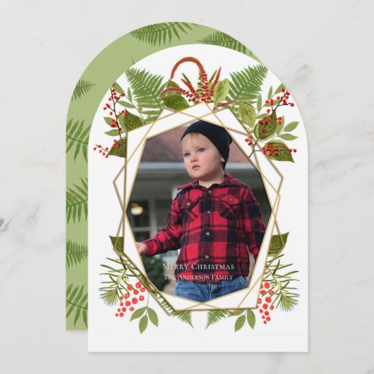 Red Berries Geometric Gold Foto Cards Einladung (Vorne/Hinten)