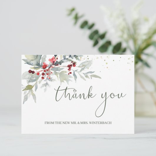Red Berries Green Foliage Wedding Vielen Dank Dankeskarte (Stehend Vorderseite)