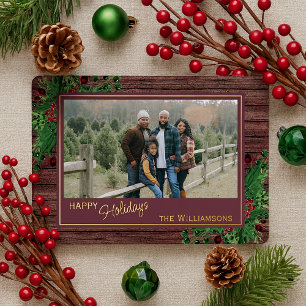 Red Berries Green Holly Botanical Foliage Gold Folien Feiertagskarte