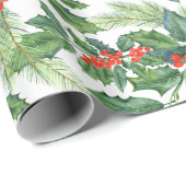 Red Berries Green Holly Floral Weihnachtsfeiertag Geschenkpapier (Rolleneckpunkt)