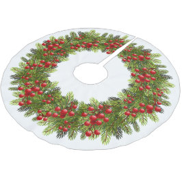 Red Berries Green Pine Tree Needles Wreath Motif Polyester Weihnachtsbaumdecke