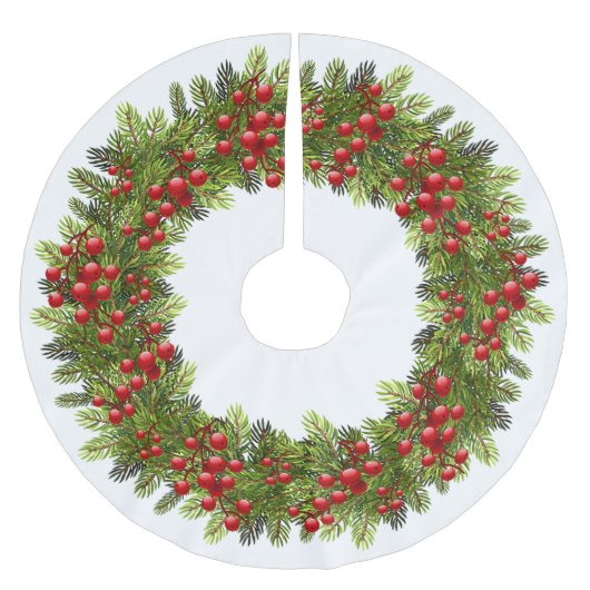 Red Berries Green Pine Tree Needles Wreath Motif Polyester Weihnachtsbaumdecke (Vorderseite)