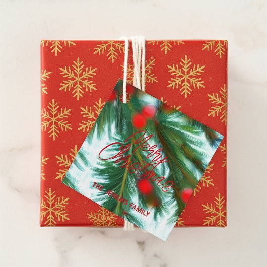 Red Berries Green Pines Frohe Weihnachten Geschenkanhänger