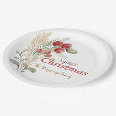 Red Berries Greenery Botanisches Weihnachtsfest Pa Pappteller (Schrägansicht)