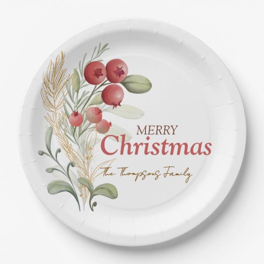 Red Berries Greenery Botanisches Weihnachtsfest Pa Pappteller (Vorderseite)